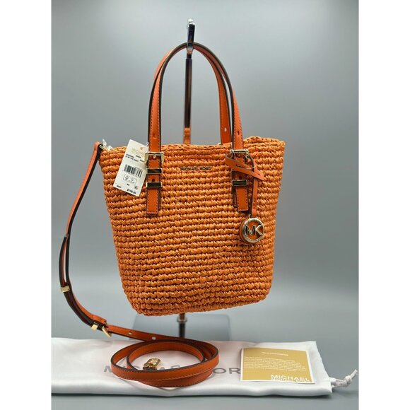 Michael Kors Quinn Extra Small North South Straw Tote Orange Punch 32S5GQNC0W - Picture 12 of 16